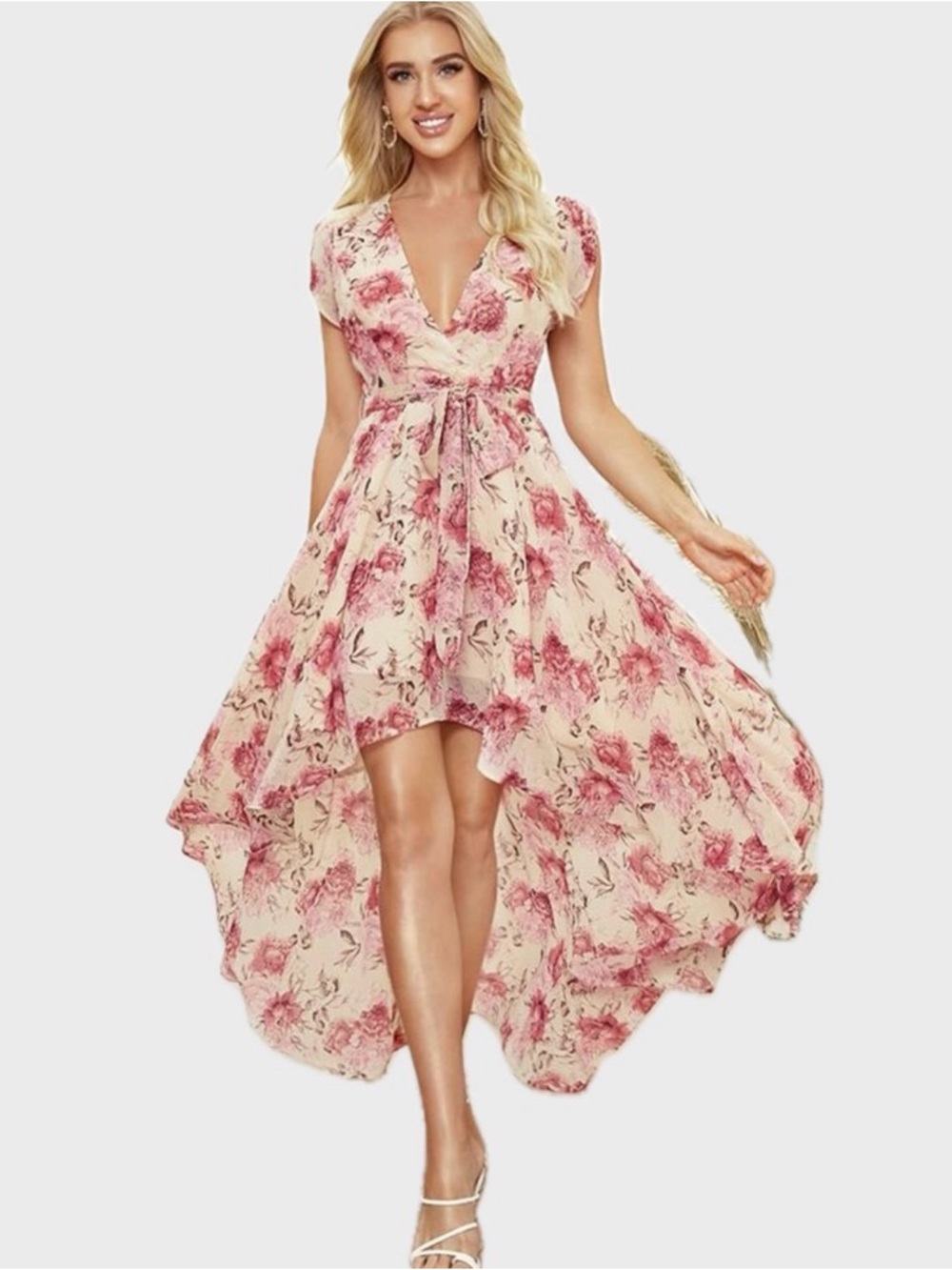 High-Low V-neck Floral Chiffon Extra Long Formal Dress with Tie Bow Belt in Pink - Picture 6 of 8